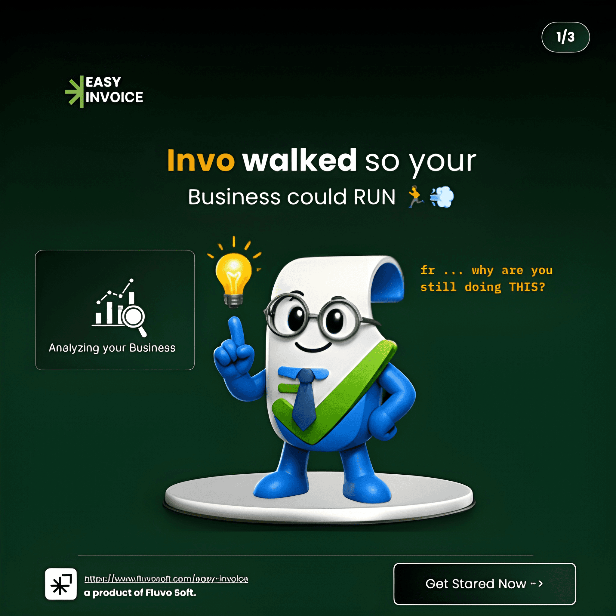 Invo, the Easy Invoice mascot, pointing to a lightbulb — smarter invoice management for small businesses