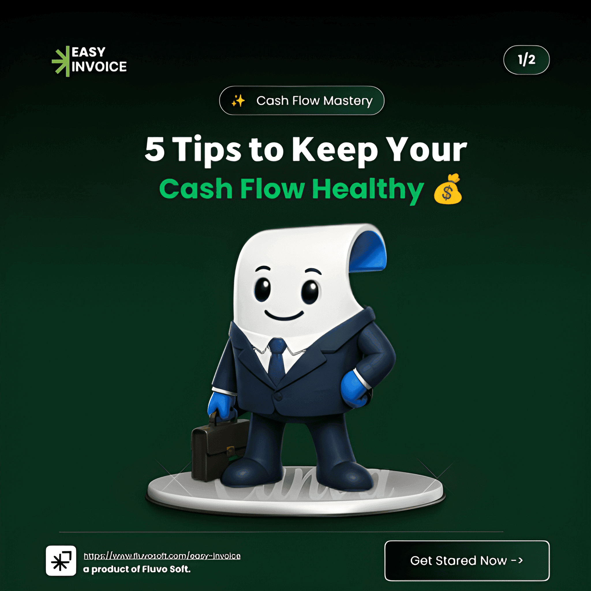 Invo in a business suit sharing 5 tips to keep your cash flow healthy with Easy Invoice