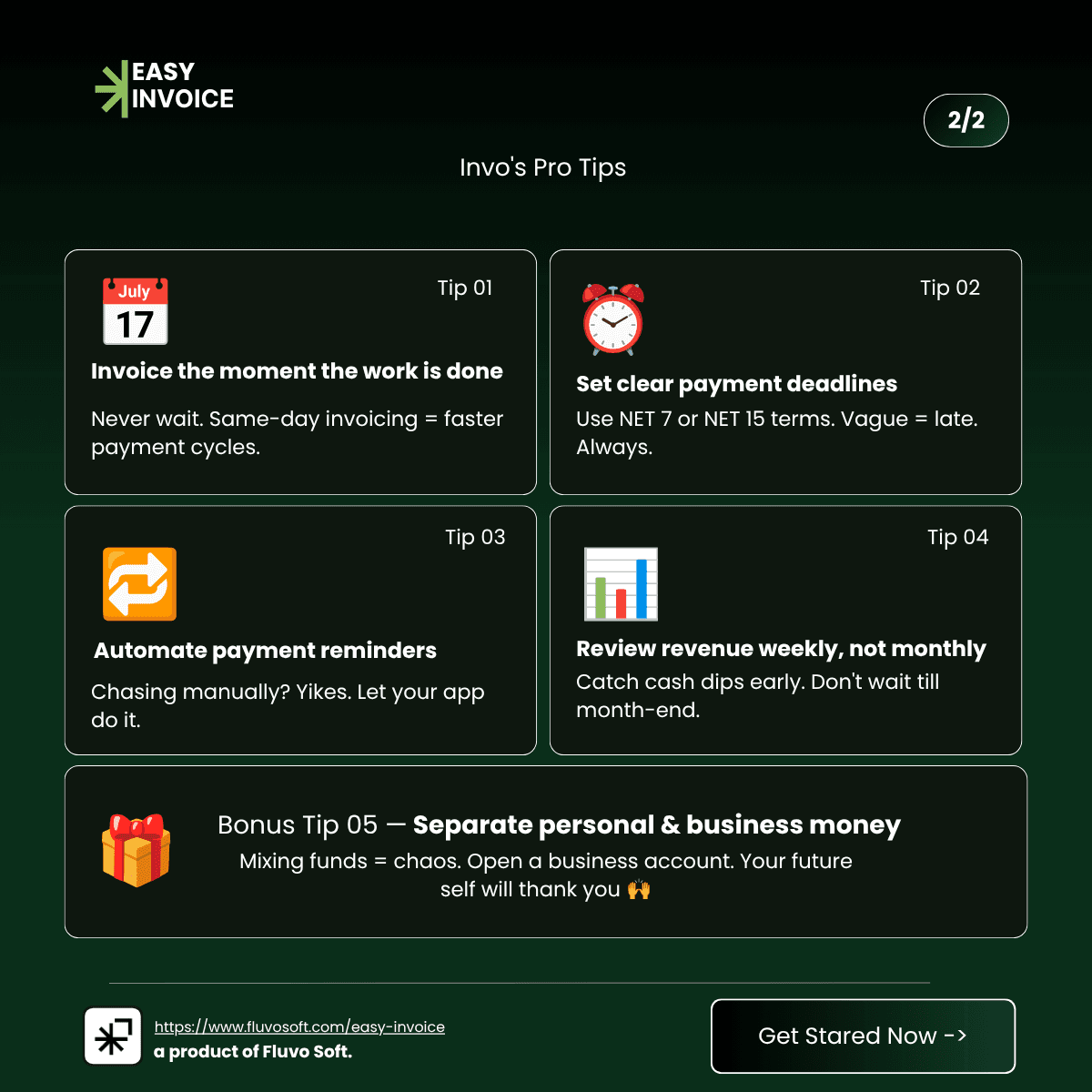 Invo's pro tips for healthy cash flow: invoice immediately, set clear deadlines, automate reminders, review revenue weekly, and separate personal and business money