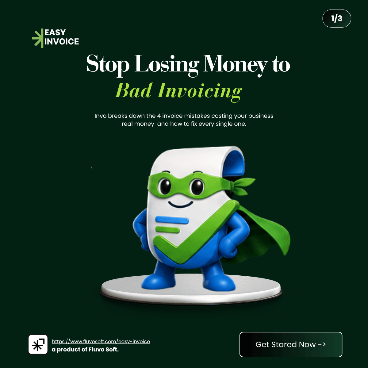 Invo in a superhero cape — stop losing money to bad invoicing with Easy Invoice