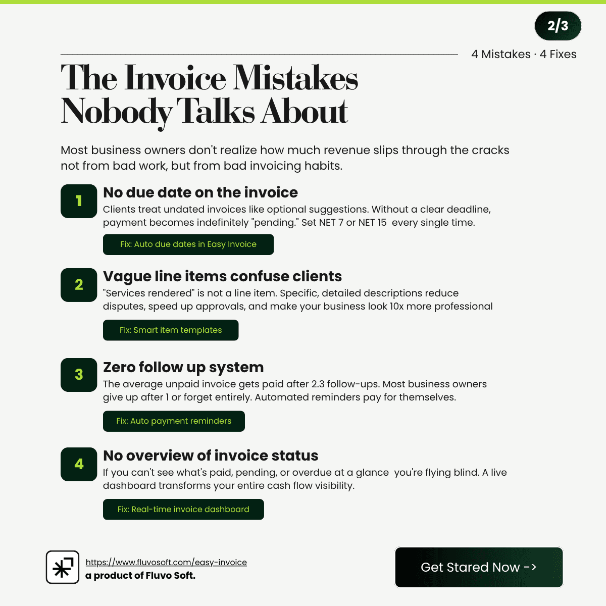 The invoice mistakes nobody talks about — no due dates, vague line items, zero follow-up, and no invoice status overview, with Easy Invoice fixes